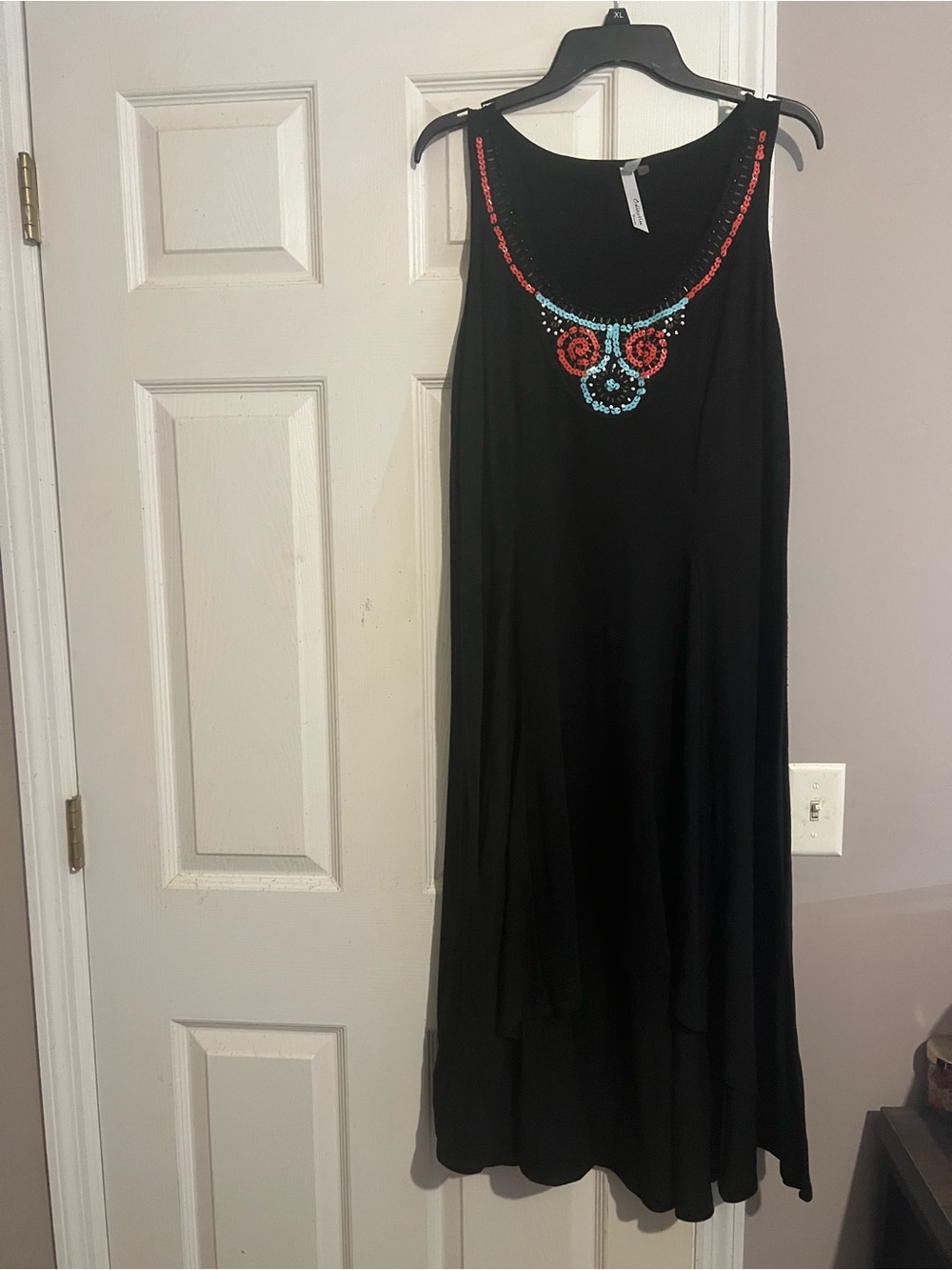 Black Sleeveless Beaded Midi Dress High Low Dress - Embellished Neckline